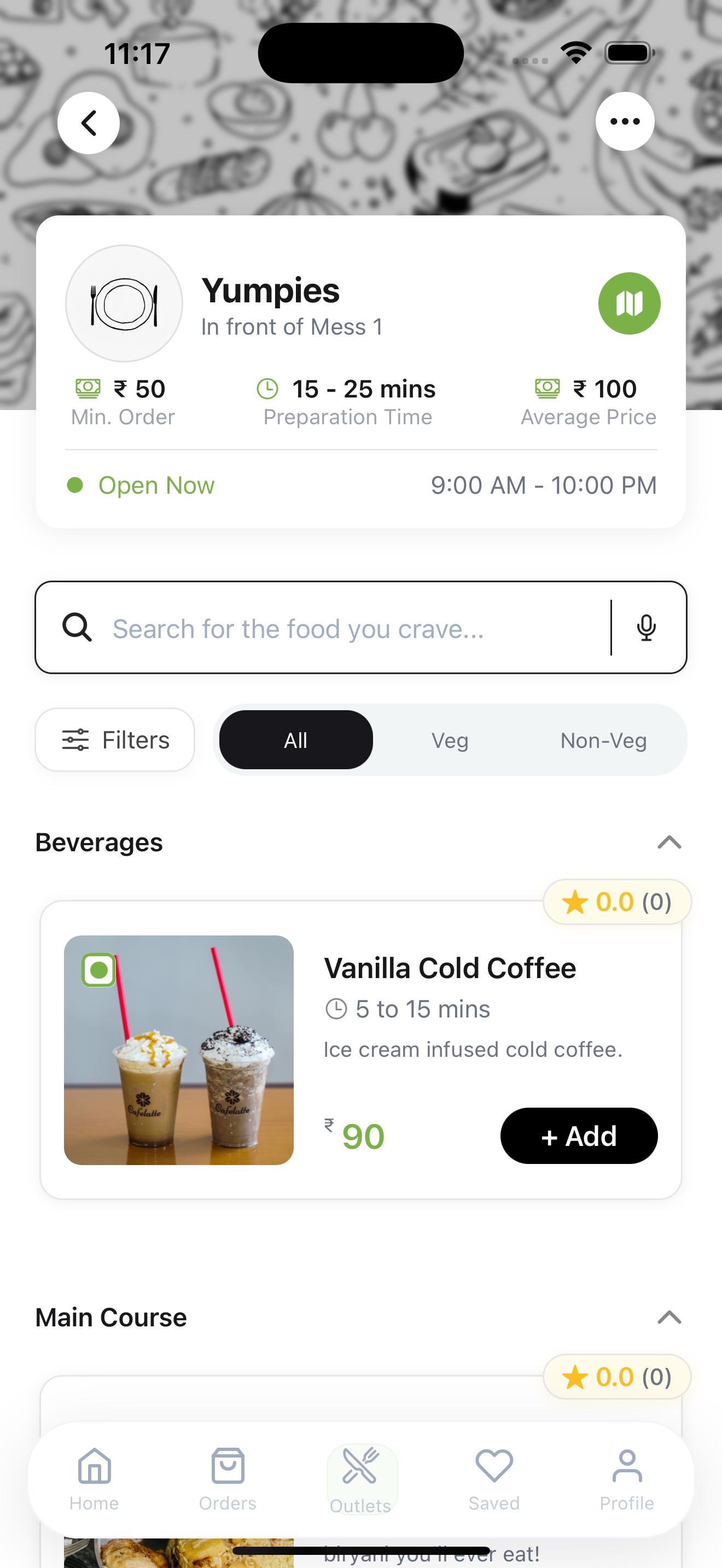 Tuckr app: live menu at an outlet